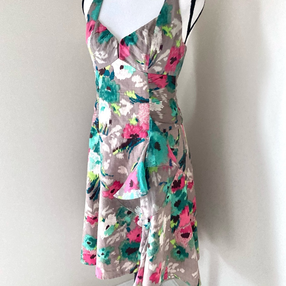 Nanette Lepore Ikat Taupe Floral Dress Size 6 Romantic - Picture 6 of 12